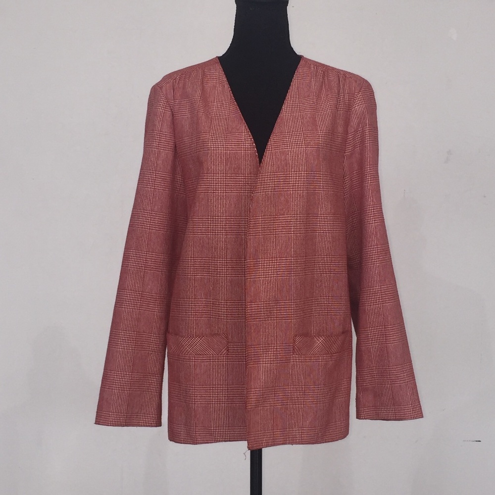 Red and white plaid and herringbone print blazer